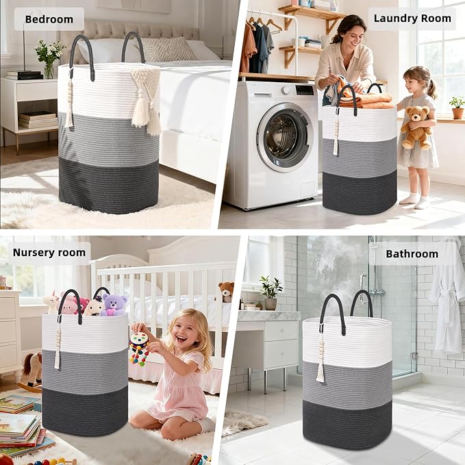 Woven Laundry Basket for Clothes,100 L Large Rectangle Laundry Hampers with Beads Tassel, Nursery Storage Basket for Toys, Tall Dirty Clothes Hamper for Bedroom Aesthetic, Laundry Room Organization - Image 5