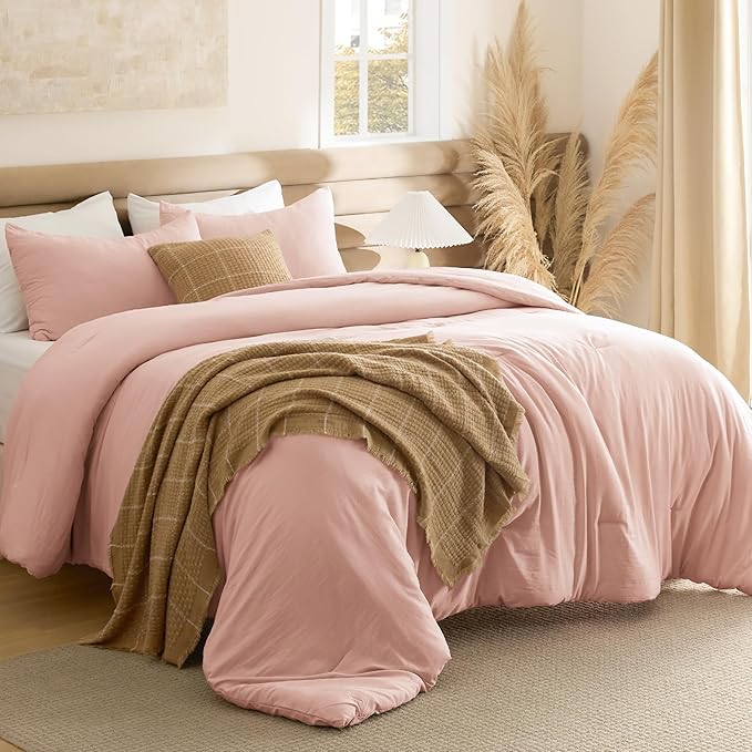 Bedsure Full Comforter Set, Blush Pink Soft Prewashed Bedding for All Seasons, 3 Pieces GentleSoft™ Bed Set, 1 Lightweight Comforter (82"x86") and 2 Pillowcases (20"x26")