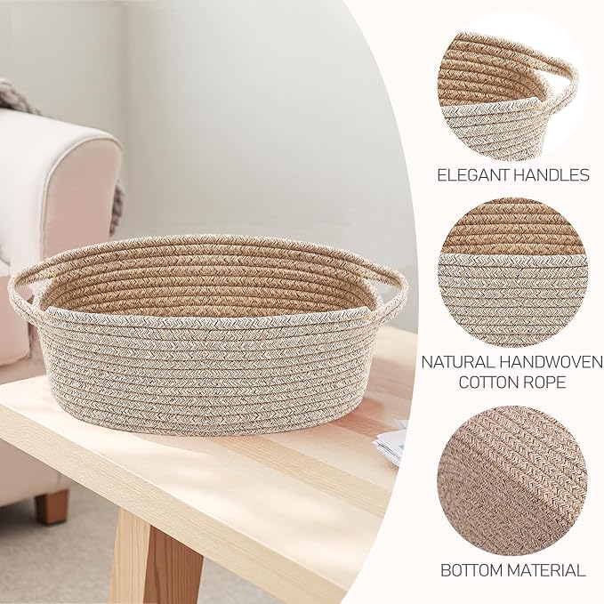 JMvicyroam Woven Basket,Small Rope Storage Bin with Handles & Ribbon Bag, Organizer for Shelves Closets,Gift Basket Empty for Birthday,Books,Dog Toys,Oatmeal/3 Pack - Image 3