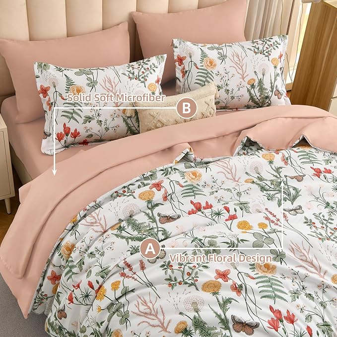 Yiran 7 Piece Floral Comforter Set Queen Size, Pink Green Summer Comforter Bedding Set, Botanical Bed in a Bag with Flowers Pattern, Soft Microfiber Complete Bedding Set with Sheets for All Season