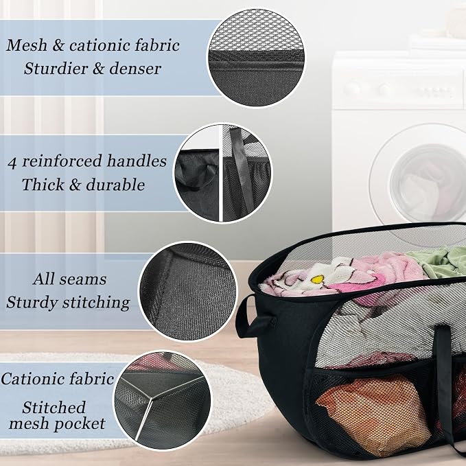 Upgraded Cationic XL Collapsible Laundry Baskets, 100L Extra Large Mesh Pop Up Hamper with Handles and bag, Portable Stair Basket, Dirty Clothes Hamper for Cruise Travel Bedroom. Black - Image 2