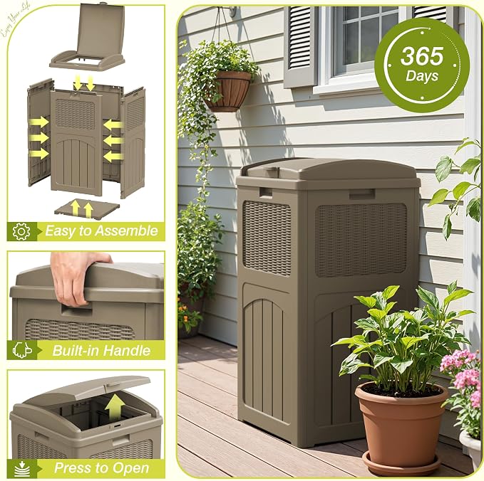 Greesum 33 Gallon Outdoor Trash Can with Lid (2-Pack), Heavy Duty Resin Garbage Bin, Waterproof & UV Resistant for Patio, Garden, Deck, Yard, Light Coffee - Image 3