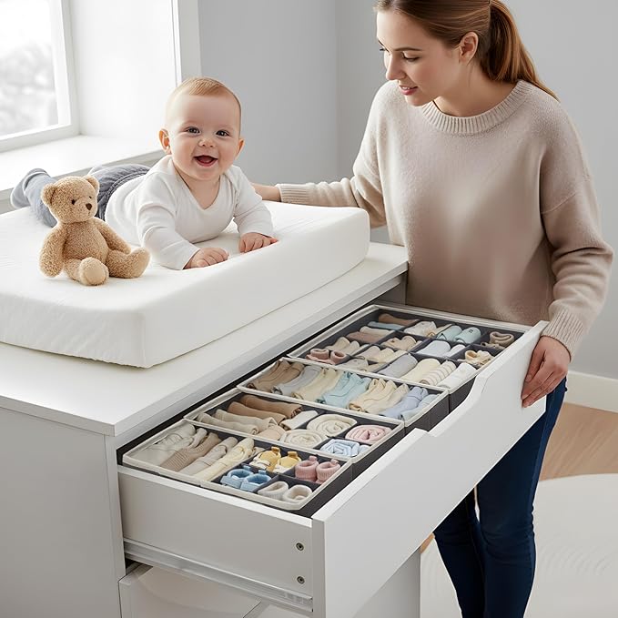 DECOMOMO Drawer Organizer for Baby – 12 Pack Clothes Organizer & Storage Dividers for Nursery, Storage Bins for Underwear, Bra, Socks, Diapers & Newborn Essentials (Grey) - Image 2