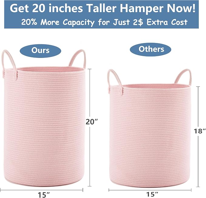 Large Pink Laundry Basket 15x20 Inches, 60L Woven Rope Hamper for Baby Girls and Kids, Tall Nursery Storage Bin, Kawaii Bedroom Laundry Hamper - Image 3