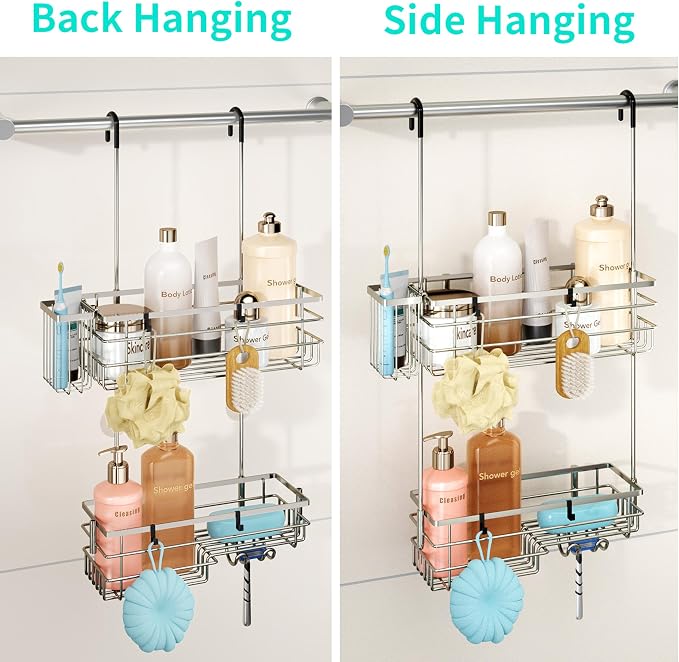HapiRm Hanging Shower Caddy Organizer - No Drilling Shower Shelves with Hooks and Toothbrush Holder, Rustproof 304 Stainless Steel Bathroom Organizer - Brushed Nickel - Image 3