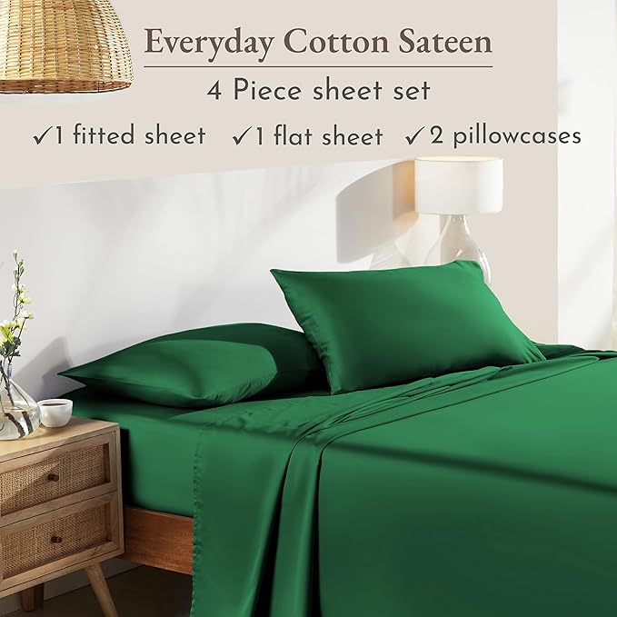 California Design Den King Size Sheets Set - Natural 100% Cotton Bed Sheets King Size Set with Deep Pockets, Soft Sateen Weave, Breathable and Durable Bedding (Emerald Green)