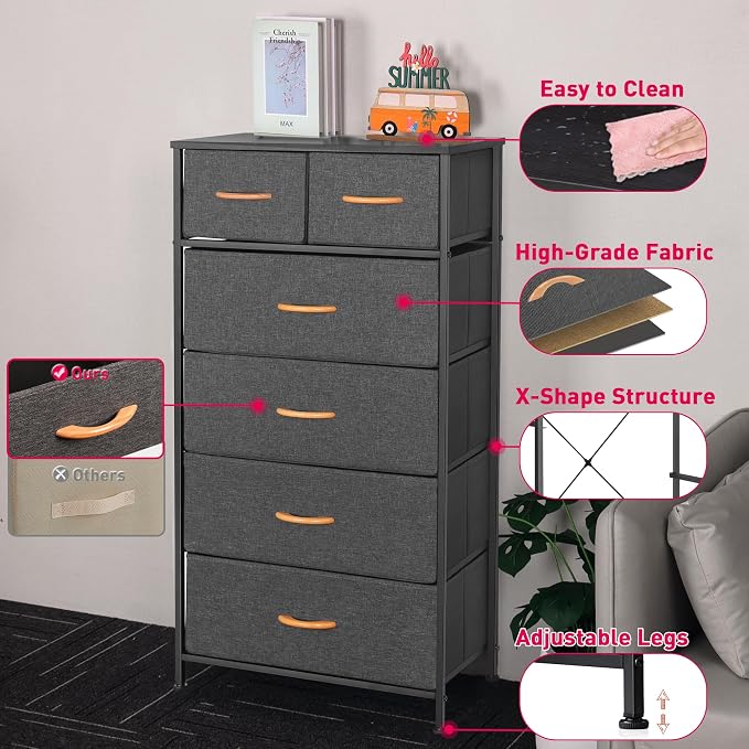 Mifuro Tall Dresser for Bedroom, Vertical Storage Organizer Tower with 6 Drawers, Chest of Drawers with Fabric Bins, Steel Frame, Wood Top for Bedroom, Closet, Entryway- Grey - Image 8