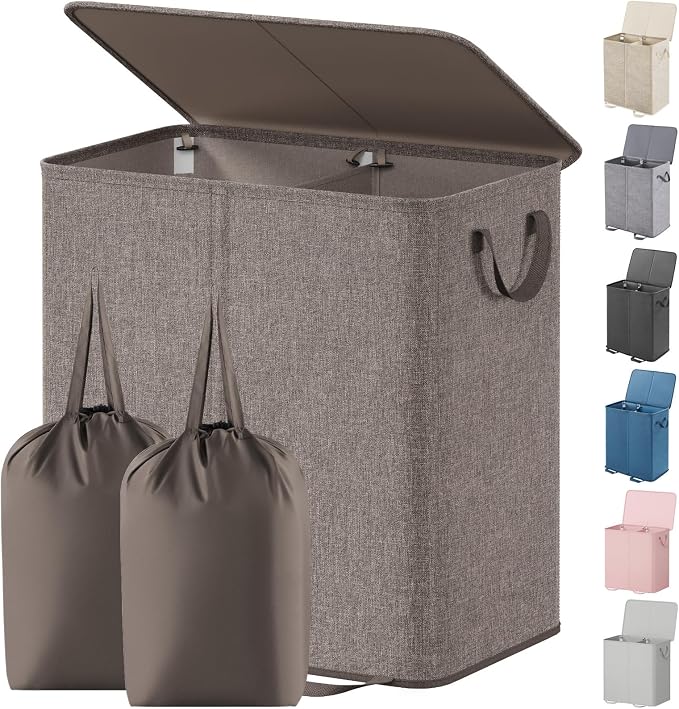 Lifewit Double Laundry Hamper with Lid and Removable Laundry Bags, Large Collapsible 2 Dividers Dirty Clothes Basket with Handles for Bedroom Laundry Room Closet Bathroom College, 136L Brown by Lifewit