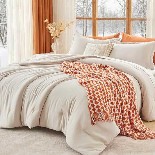 MUXHOMO Beige California King Comforter Set, All Season Ultra Soft Down Alternative Bedding - 3 Piece Lightweight Bed Set Includes 1 Comforter (104"x96") and 2 Pillow Shams (20"x36")