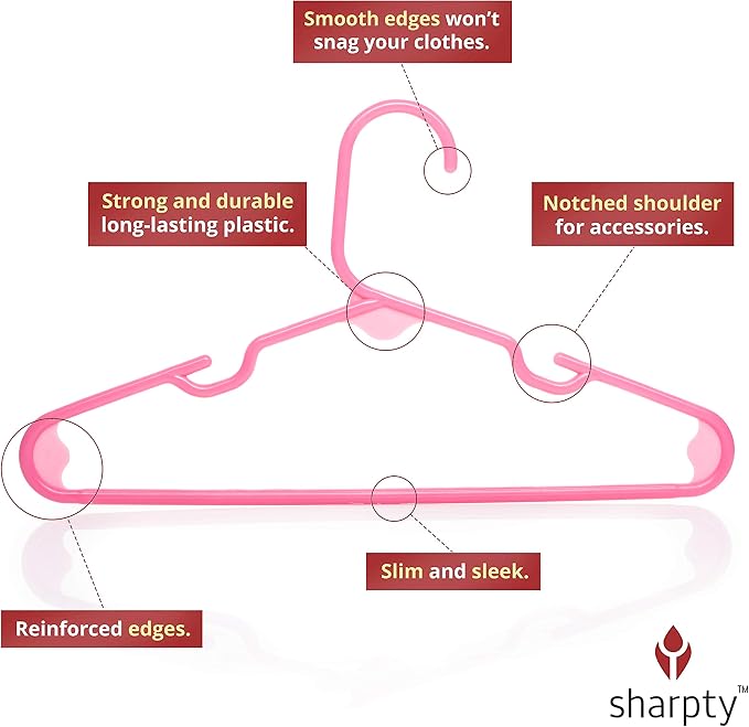 Sharpty Kids Plastic Hangers, Children's Hangers for Baby, Toddler, and Child Clothes - Everyday Standard Use - Ideal for Boys and Girls Closet, Clothing, Pants, Coats, and More - Pink, 20 Pack - Image 3