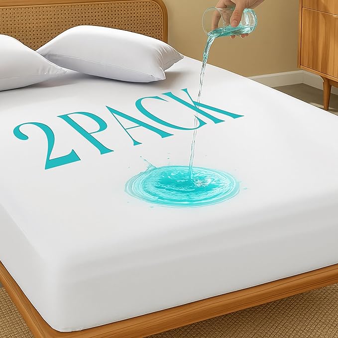 2 Pack Twin Size Premium Waterproof Mattress Protector, Soft Breathable Mattress Pad, Noiseless Waterproof Bed Cover - Stretch to 15" Fitted Deep Pocket Mattress Protection