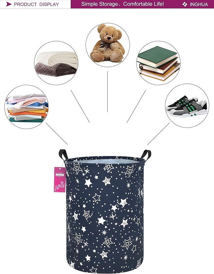 Laundry Hamper Large Canvas Fabric Lightweight Storage Basket/Toy Organizer/Dirty Clothes Collapsible Waterproof for College Dorms, Boys and Girls Bedroom,Bathroom(Blue star) - Image 3