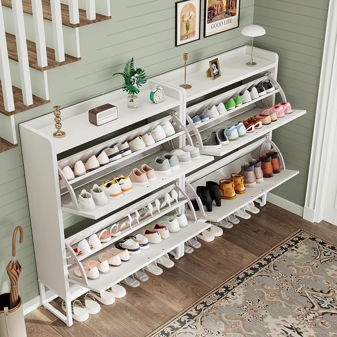 GRUSIGN Shoe Cabinet, Shoe Storage Cabinet with 2 Flip Drawers & Adjustable Shelf, Space-Saving Shoe Organizer – Holds 16+ Pairs, Narrow Shoe Cabinet Storage for Entryway/Hallway（White） - Image 7