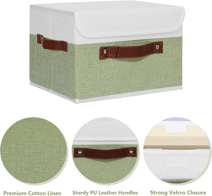 ANMINY Storage Boxes with Lids Washable Decorative Storage Bins Basket with PU Leather Handle Foldable Linen Fabric Storage Cubes Containers for Home Closet Organizer - Green White, Large Size - Image 2