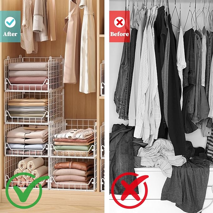 Jakyitvi 6-Tier Closet Shelf Organizer,Metal Stackable Closet Organizers and Storage,Clothes Storage Bins,Shelf Organizer Basket,Folded Shelf Organizer for Closet Wardrobe,White - Image 6