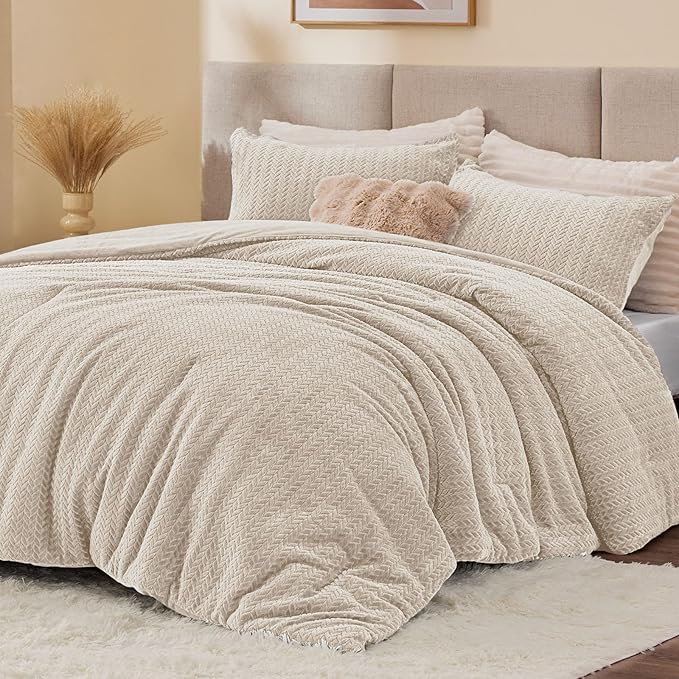 Flannel Fleece Full Comforter Set - Furry Linen Leaves Pattern Faux Fur Bed Set, Winter Ultra Soft Fuzzy Comfort Set, Velvet Bedding Set for Bed with 2 Pillow Cases