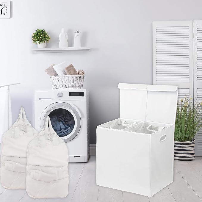 Simple Houseware Double Laundry Hamper with Lid and Removable Bags, White - Image 4