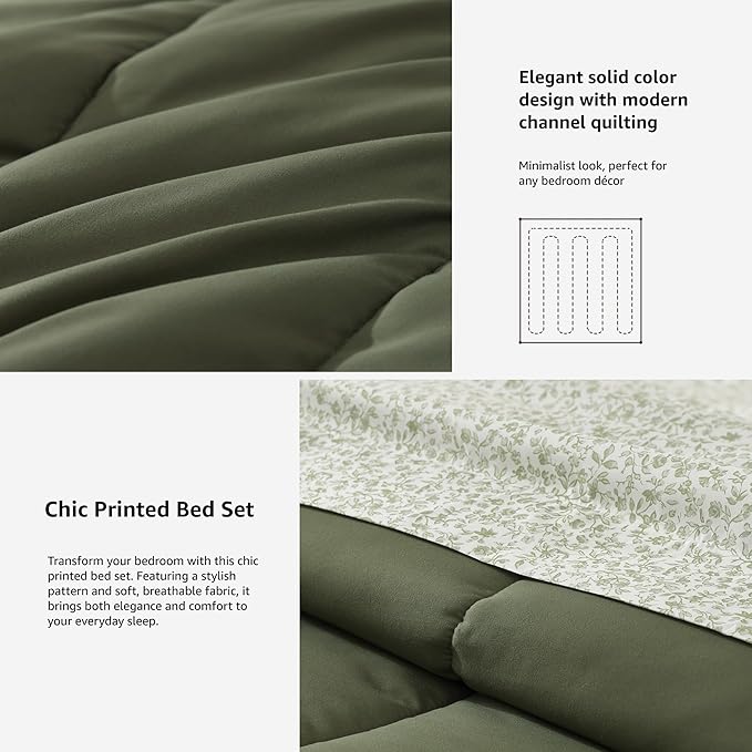 Monbix Queen Comforter Set - 7 Pieces Olive Green Bed in a Bag Queen Track Stitching Bedding Sets, All Seasons Comforter Bed Set with Sheets,Pillowcases & Shams