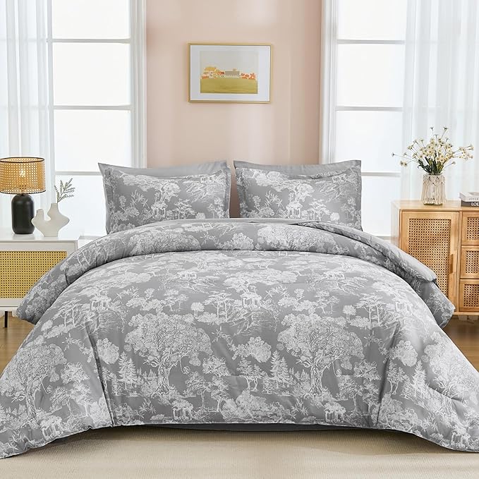 DJY Grey Comforter Set Queen, 7 Pieces Grey Botanical Comforters Queen Size Elegant Plants Print with Sheets Bed in a Bag Soft Microfiber Reversible Complete Bedding Sets for All Season