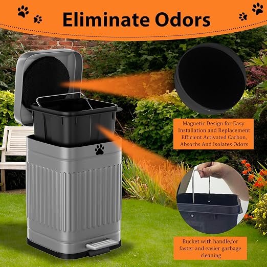 Dog Poop Trash Can Outside, 5L/1.3Gal Metal Dog Waste Trash Can with Lid, Foot Pedal, Pet Waste Container with 40 Bags, Poop Bucket with Lid Soft Close for Pet, Grey - Image 3