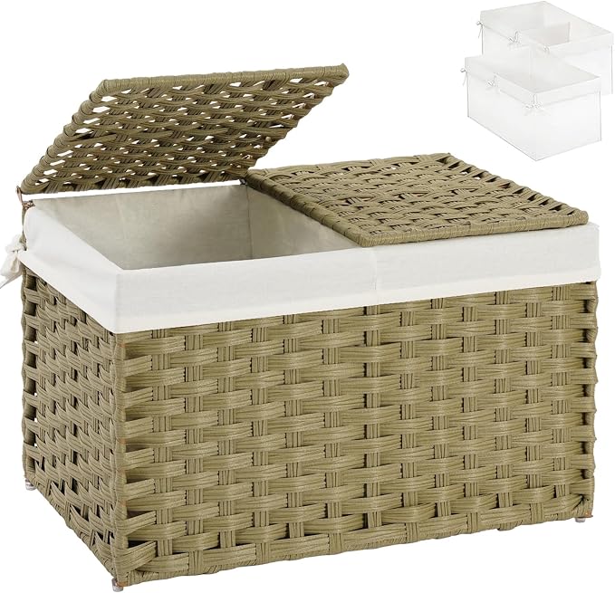 SETVSON Storage Basket with Lid Rattan Woven Storage Baskets with 2 Separate Lids, 17.2 Gallon (65 L), Wicker Storage Bins Foldable, 2 Removable Liner Bags Handles for Bedroom, Laundry Room Green by SETVSON