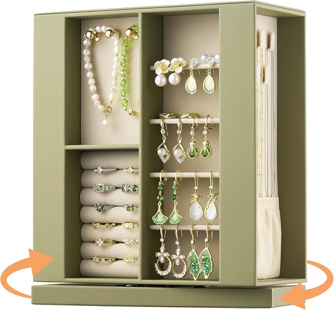 pickpiff Jewelry Box Organizer for Women: 360 Rotating Vertical Storage Case, Black Leather with Blush Velvet, Ring Necklace Bracelet Holder, Gift Decor, 10 x 8.7 x 3.9 in by pickpiff