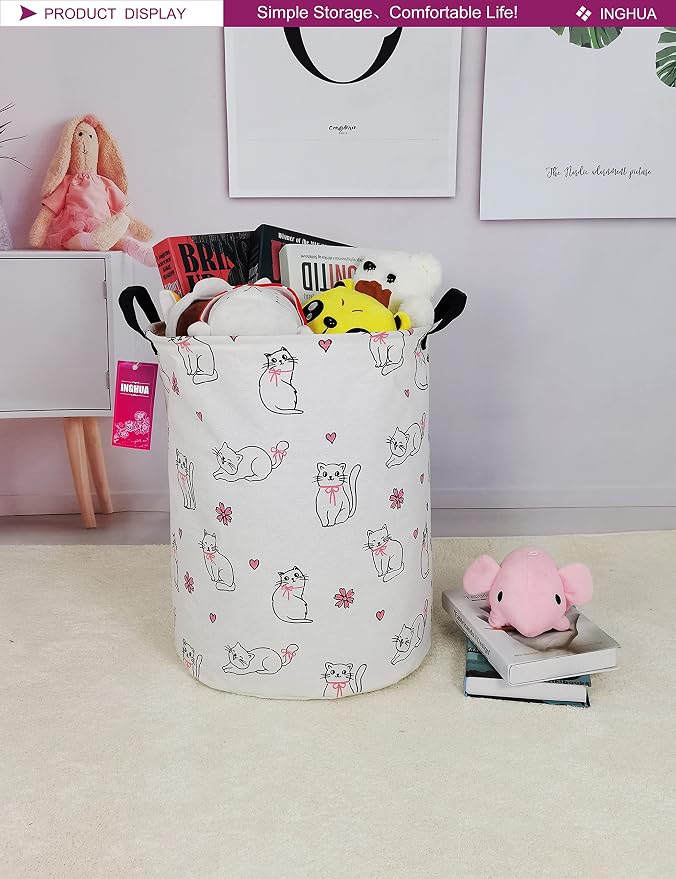 Laundry Hamper Large Canvas Fabric Lightweight Storage Basket/Toy Organizer/Dirty Clothes Collapsible Waterproof for College Dorms, Boys and Girls Bedroom,Bathroom(Love cat) - Image 3