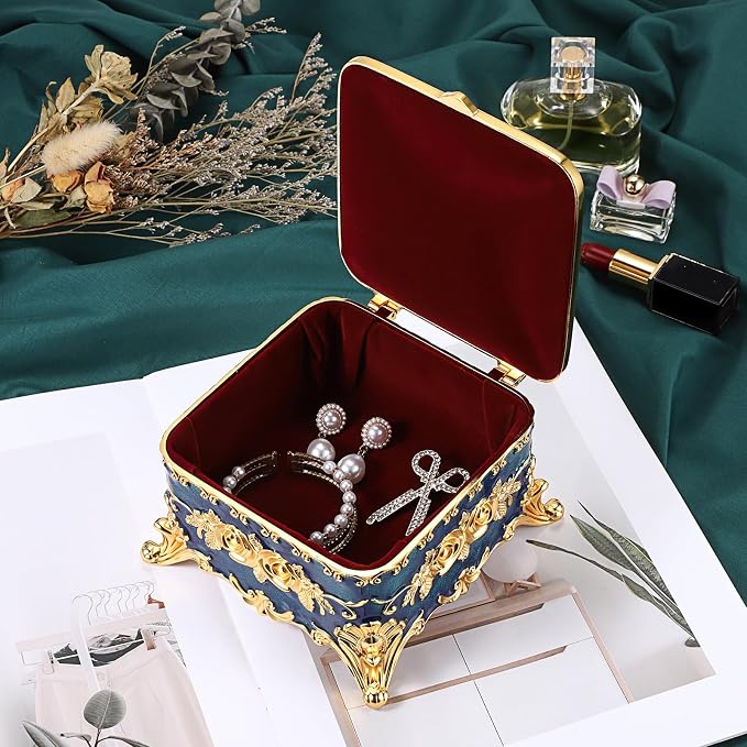 Hipiwe Metal Jewelry Box Decorative Trinket Chest Rectangular Treasure Display Case Keepsake Organizer for Earrings Ring Holder, Blue, 5.1" L x 5.1" W x 3.1" H - Image 6