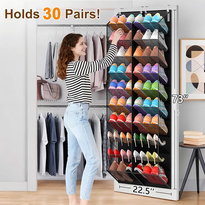 UVIAHOMI 20-30 Pairs Over the Door Shoe Organizer, Breathable Pocket Hanging Shoe Storage for Closet, 10-Tier Door Shoes Rack, Handing Shoes Holder Fit All the Family's Sneakers, Boots, Heels, Black - Image 3