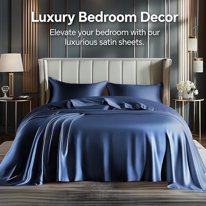 BEDELITE Satin Sheets Full Size Bed Set, Luxury Soft Navy Silky Sheet for Hair and Skin, Similar to Silk Bed Sheets Set 4 Pieces with 1 Deep Pocket Fitted Sheet, 1 Flat Sheet, and 2 Pillowcases