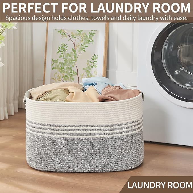 AINUOQI Laundry Basket with Handles - Blanket Basket & Hampers for Bedroom Aesthetic, Laundry Hamper & Blanket Storage for Living Room, Clothes Hamper, Tall, Large 21.7" x 16.9" x 11.8”, Grey - Image 5