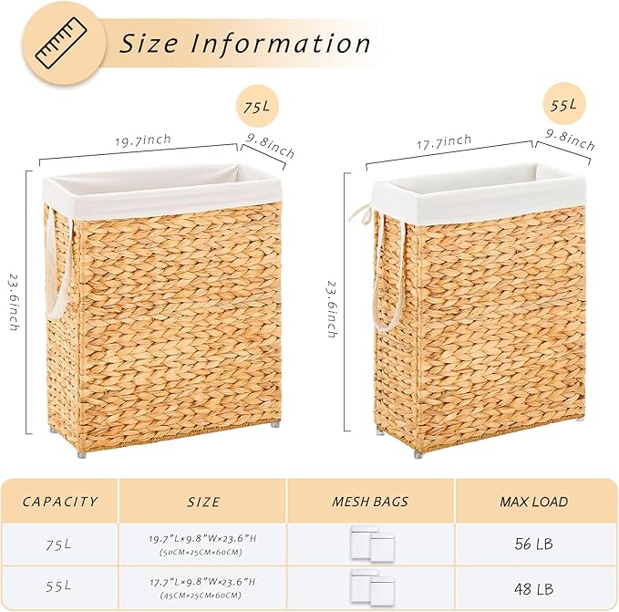 Handwoven Slim Laundry Hamper, 75L Narrow Laundry Basket, Natural Water Hyacinth Basket and Handles and Removable Liner Bag & 2 Mesh Bags (Natural, 75L) - Image 2