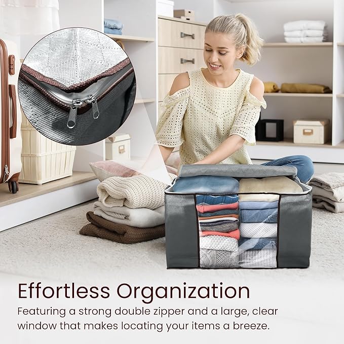 Reli. 60L Clothes Storage Bags (3 Pack) Closet Organizers and Storage Containers | Foldable Bins with Lids & Handles | Large Bags for Towels, Toys, Comforters, Blankets | Grey