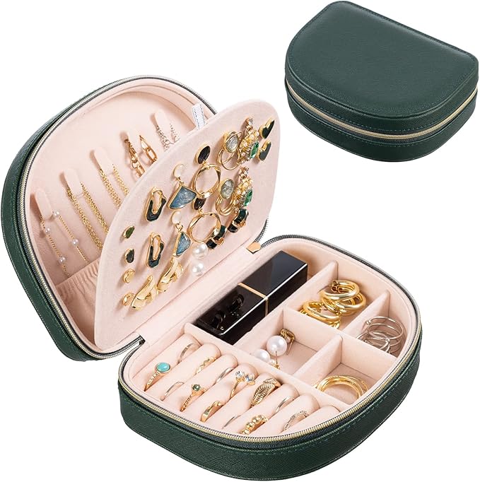 ProCase Travel Size Jewelry Box, Medium Portable Seashell-Shaped Jewelry Case, 2 Layer Jewelry Organizer in PU Leather for Women -Emerald by ProCase