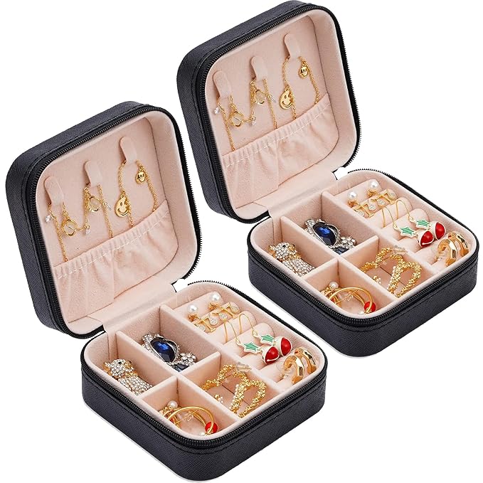 Neveika 2pcs Portable Travel Mini Jewelry Box Leather Jewellery Ring Organizer Case Storage Gift Box Girls Women (black). - Image 8
