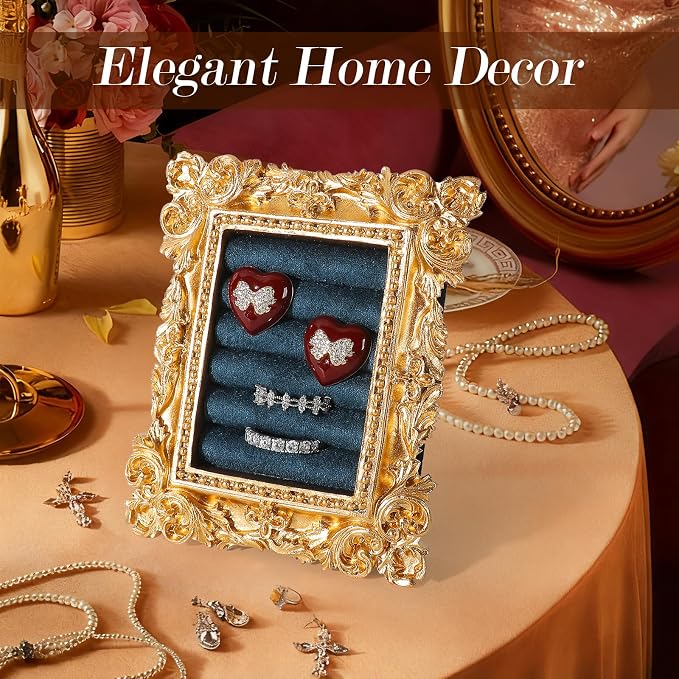 Vintage Ring Holder Rectangle Gold Velvet Display Stand - Baroque Jewelry Organizer Box Tray for Wedding Engagement Anniversary Women Birthday Christmas Gift Photograph Prop (MPF05-Gold Blue) - Image 3