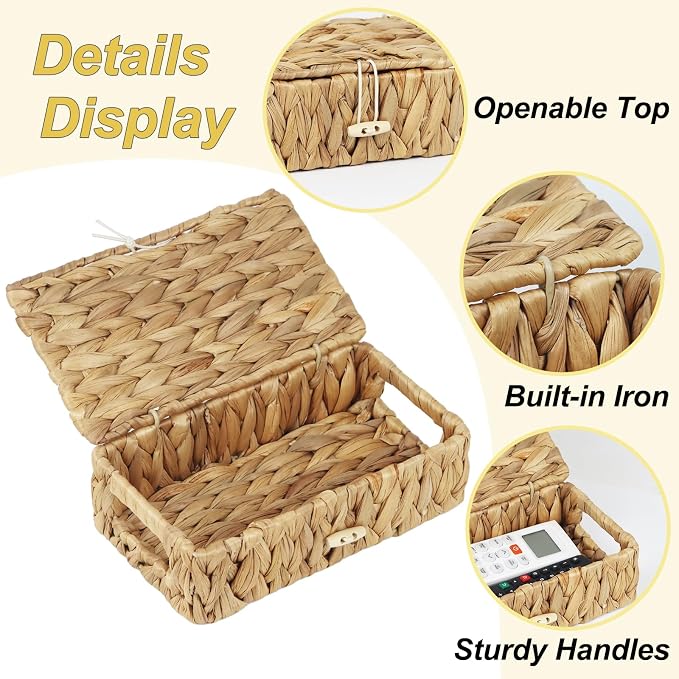 Small Basket with Lid, Wicker Storage Basket for Organizing, Rectangular Woven Basket for Storage, Water Hyacinth Decorative Boxes Bins with Lids (9" x 5.1" x 3") - Image 3