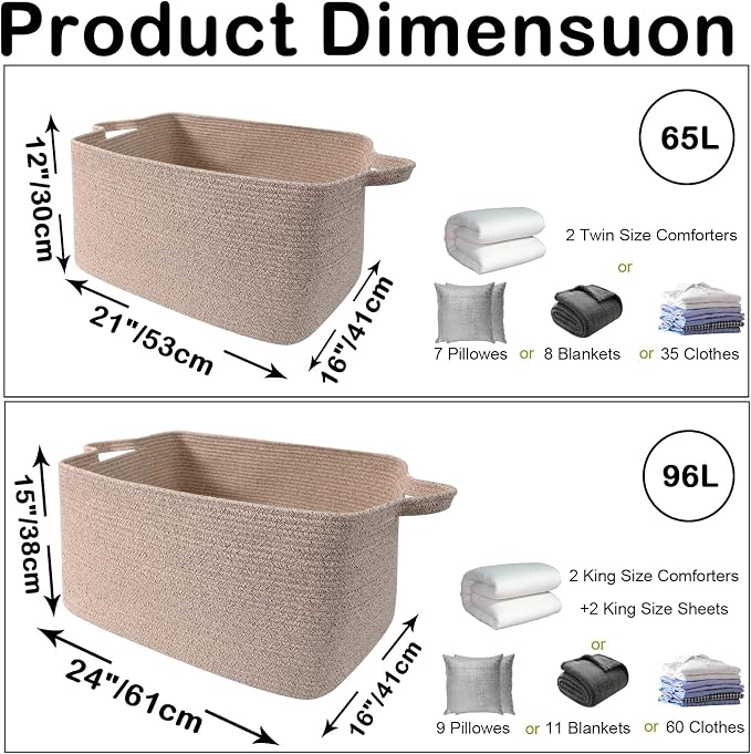96L Large Blanket Basket,24"x16"x15"Rectangle Storage Bin with Handles,Woven Rope Laundry Basket for Toys, Clothes,Magazines,Home Organization,Nursery,Living Room & Bedroom,Brown - Image 2