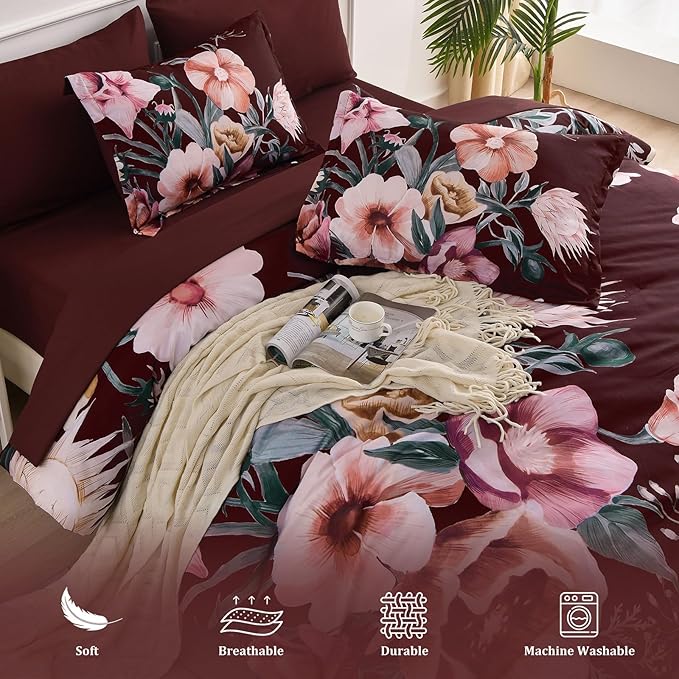 Luxudecor Burgundy Floral Comforter Set Queen Size 7 Piece, Flower Bed in a Bag, Elegant Floral Comforter with Sheet Set, Soft Microfiber Bedding Set for All Season (Burgundy, 90"x90")