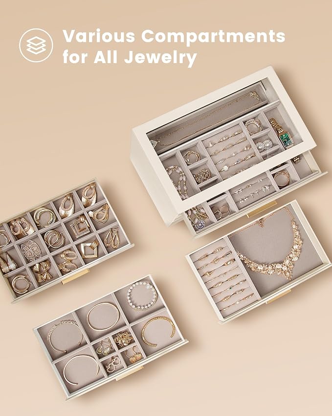 Lolalet Jewelry Box Organizer, 5-Layer Jewelry Organizers and Storage Case with Glass Lid, Ring Earring Bracelet Necklace Holder Organizer, Birthday Valentine Gifts for Women Girls -5Layer, Beige - Image 3
