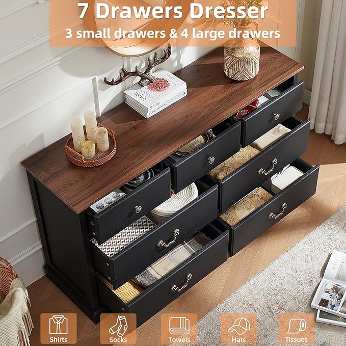 Farmhouse Dressers & Night Stand Set of 3,54" Wide 7 Drawer Dresser,18" Wide 2 Drawers End Table with Charging Station Set of 2,Furniture Dresser Sets for Home Black