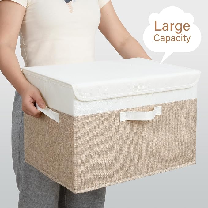 GRANNY SAYS Storage Boxes with Lids, Decorative Storage Bins, Shelf Baskets, Clothes Storage and Organization, White/Khaki, 2-Pack - Image 6