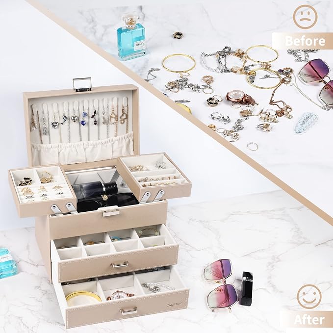 Dajasan Jewelry Organizer Box, Large Jewelry Boxes for Women Girls, Space-Saving 4 Layers Jewelry Storage Case with Drawer, Movable Metal Stand, Modern, Gift Idea (Champagne + Silver) - Image 2