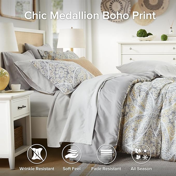 Comfort Spaces Bed in A Bag Comforter Set - Trendy Casual Design Full Comforter with Complete Sheet Set with Side Pocket, All Season, Shams, Gloria, Full Grey/Yellow 9 Piece