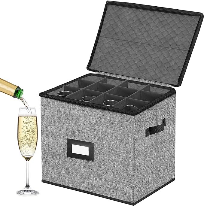 Champagne Flute Storage Box,Quilted Stemware Storage Box Hard Shell,Stackable Champagne Glass Container,Wine Glass, Crystal Glassware, Drinkware Case for Moving Transport(Grey) by OURUER