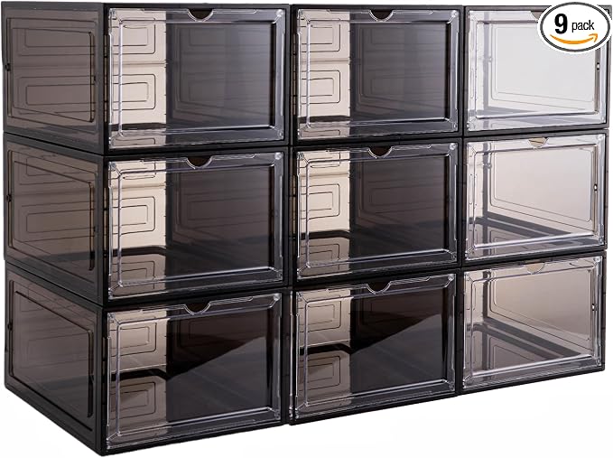 Attelite X-Large Clear Plastic Shoe Boxes - Stackable Shoe Organizer with Magnetic Door, Drop Front Display Box (9 Pack, Clear Black) by Attelite