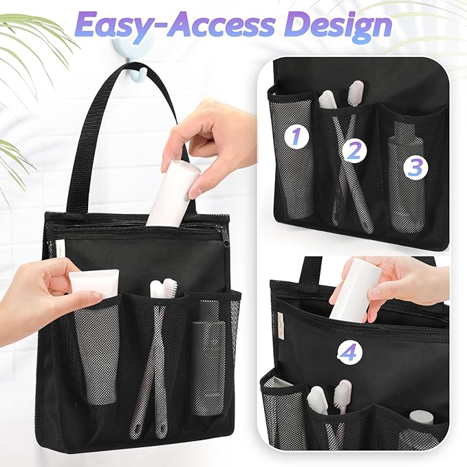 famichan Portable Shower Caddy, Gym Travel Camp Dorm Room Essentials for College Student Boy Girl，Black Bathroom Mesh Shower Bag - Image 2