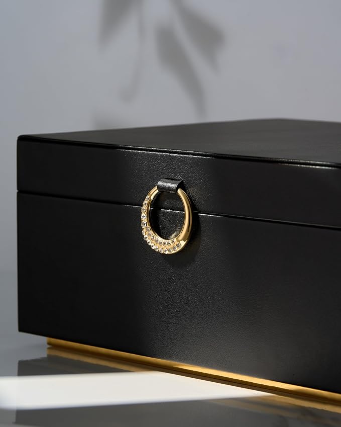 pickpiff 2 Layer Jewelry Box Organizer for Women, Jewelry Organizer with Handle & Removable Tray, Necklace Holder Ring Earring Storage, Velvet Lined Jewelry Case for Home or Travel, Gift Ready, Black - Image 9