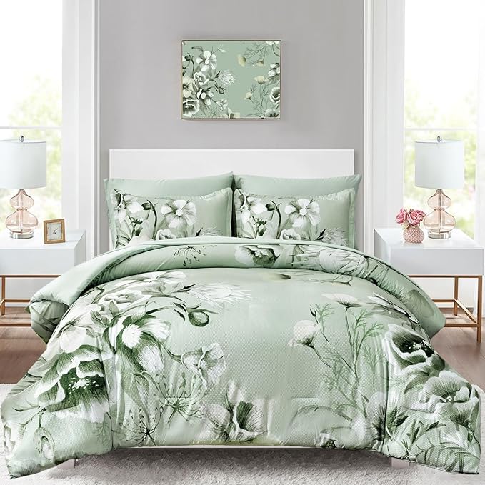 Luxudecor Floral Comforter Set Queen Size 7 Piece, Sage Green Flower Bed in a Bag, Elegant Floral Comforter with Sheet Set, Soft Seersucker Microfiber Bedding Set (Sage Green, 90"x90")