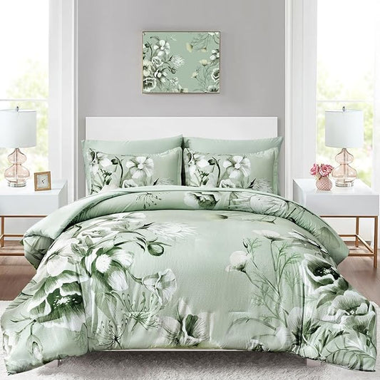 Luxudecor Floral Comforter Set Queen Size 7 Piece, Sage Green Flower Bed in a Bag, Elegant Floral Comforter with Sheet Set, Soft Seersucker Microfiber Bedding Set (Sage Green, 90"x90")